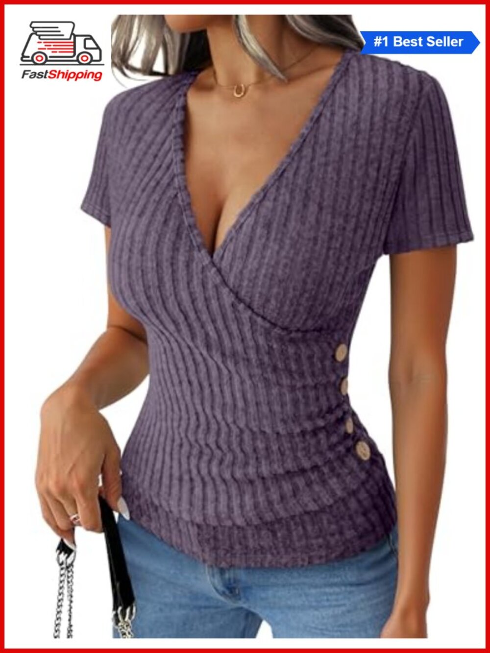 Women's Ribbed Knit Wrap V Neck Short Sleeve Slim Fit Top